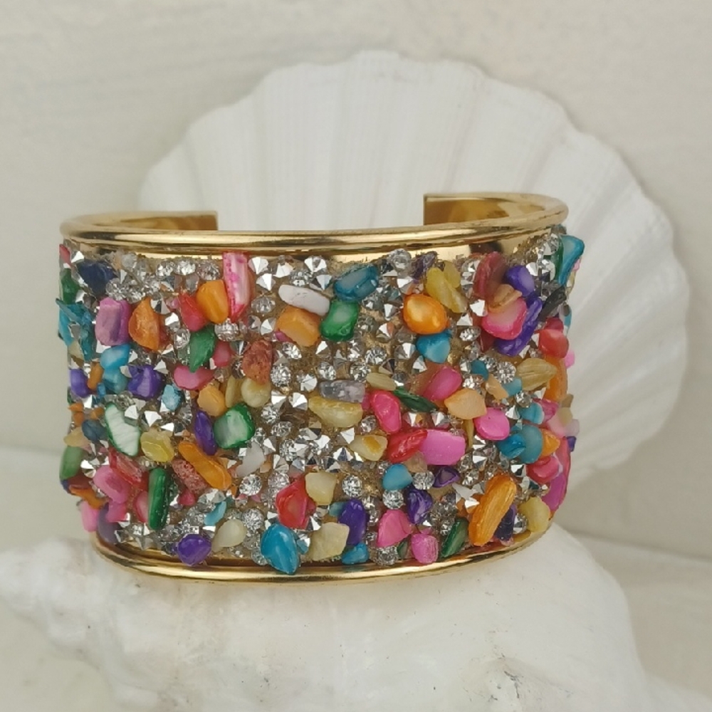Festive Gold Tone Cuff Bracelet Paved In Colorful & Sparkly Gemstone